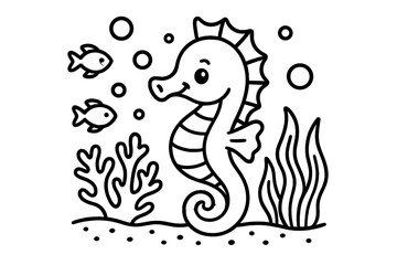 Obraz premium Seahorse Wonderland. A playful seahorse floating near corals with bubbles, fish, and seaweed, black and white line art, children’s