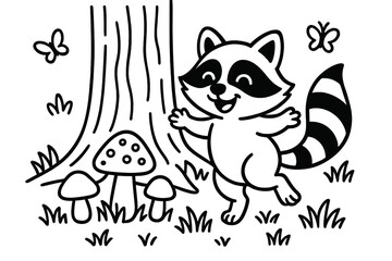 Raccoon Coloring Adventure. A smiling raccoon playing near a tree with mushrooms, grass, and butterflies, black and white line art
