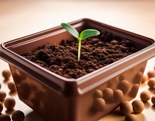 a small seedling sprouts from rich soil in a rectangular planter surrounded by small brown spheres