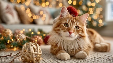 Fluffy orange tabby cat in a tiny red festive hat lying on a soft rug surrounded by golden ornaments and warm holiday bokeh lights, cozy Christmas pets concept