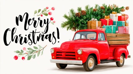Bright red vintage pickup truck loaded with colorful wrapped gifts and pine branches beside festive Merry Christmas lettering, cheerful holiday illustration. Watercolor Christmas greeting card.