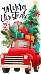 Watercolor-style red vintage truck filled with colorful wrapped gifts, Christmas tree and festive greenery under bold Merry Christmas lettering, greeting card. Cheerful holiday illustration concept