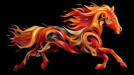Dynamic stylized horse formed from swirling fiery ribbons in red, orange and gold tones against a pure black background, energetic artistic illustration concept. logo symbol 2026