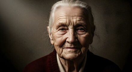 Close up portrait of an elderly woman with deep wrinkles and kind eyes. International Women's Day 