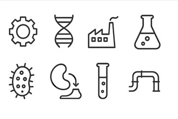 Industrial Biotech Icons. Line style icons of Industrial Biotech: Gear, DNA Helix, Factory, Flask, Bacteria, Enzyme, Tube,
