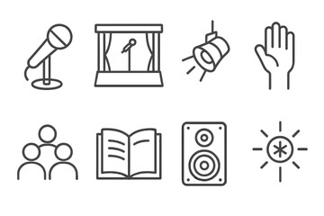 Slam Poetry Icons. Line style icons of Slam Poetry: Microphone, Stage, Spotlight, Hand, Audience, Book, Speaker, Symbol, No text,