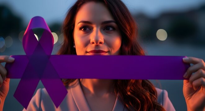 Woman holds a purple ribbon for awareness and support. International Women's Day 