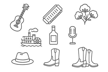 Delta Blues Icons. Line style icons of Delta Blues: Acoustic Guitar, Harmonica, Cotton Field, Riverboat, Whiskey Bottle,