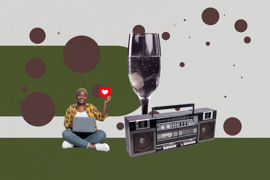 Funky creative promotion collage with disco party alcohol drinks boombox dance retro glowing balls obsolete art