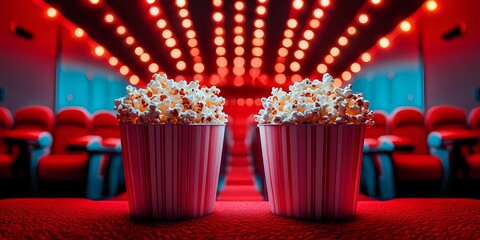 Two buckets of buttery popcorn on red carpet in empty movie theater with dramatic red lighting and rows of comfortable seats.