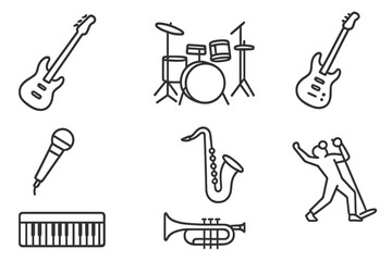 Fototapeta premium Funk Band Icons. Line style icons of Funk Band: Bass Guitar, Drum Kit, Microphone, Guitar, Saxophone, Trumpet, Keyboard, Singer