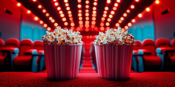 Two buckets of buttery popcorn on red carpet in empty movie theater with dramatic red lighting and rows of comfortable seats.