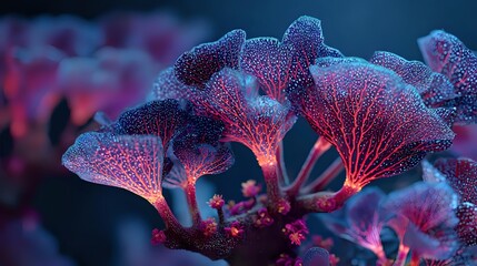 Naklejka premium Glowing bioluminescent mushrooms in dark forest with vibrant pink and blue colors creating magical atmosphere for fantasy or nature backgrounds.