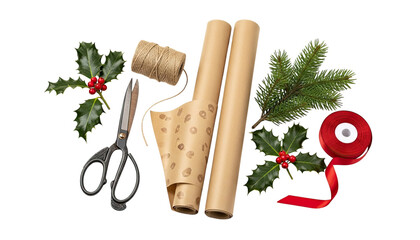 Festive holiday gift wrapping materials with brown kraft paper rolls, red ribbon, scissors, twine, and natural decorations like holly and pine isolated on a black background