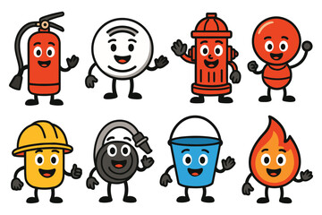 A vibrant cartoon illustration features eight friendly fire safety characters, each with a unique personality and waving to the viewer.