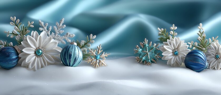 Elegant winter holiday composition with white flowers, blue ornaments, and snowflakes on soft fabric with shimmering blue light.
