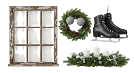 A collection of rustic winter and Christmas design elements including a weathered window, ice skates, a wreath, and a candle centerpiece, isolated on a black background