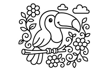 Obraz premium Toucan Coloring Page. Colorful toucan sitting on a branch with big beak smiling, surrounded by flowers, clouds, and vines, black