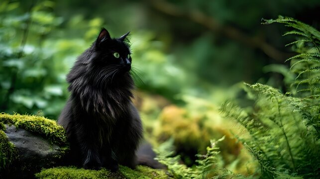 Majestic black long-haired cat sitting on mossy rock in lush green forest setting with ferns and foliage creating mystical woodland atmosphere. - Powered by Adobe