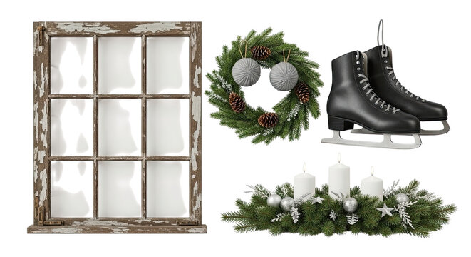 A collection of rustic winter and Christmas design elements including a weathered window, ice skates, a wreath, and a candle centerpiece, isolated on a black background