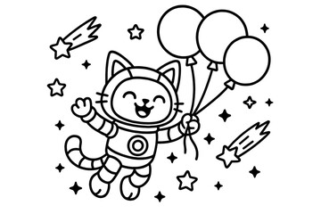 Floating Robot Cat. Cheerful robot cat floating with balloons in zero gravity surrounded by stars and comets, black and white line