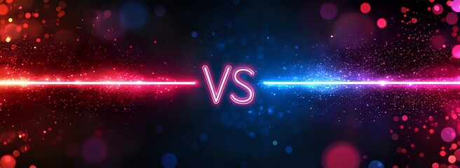 Obraz premium Neon glowing VS text on dark background with red and blue light beams and bokeh effect, perfect for competition or battle concept.