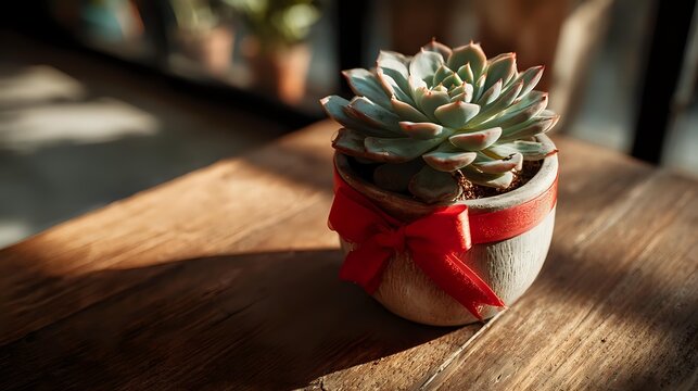 Green succulent plant in white ceramic pot decorated with red ribbon on wooden table in sunlight. Perfect for home decor or gift ideas.