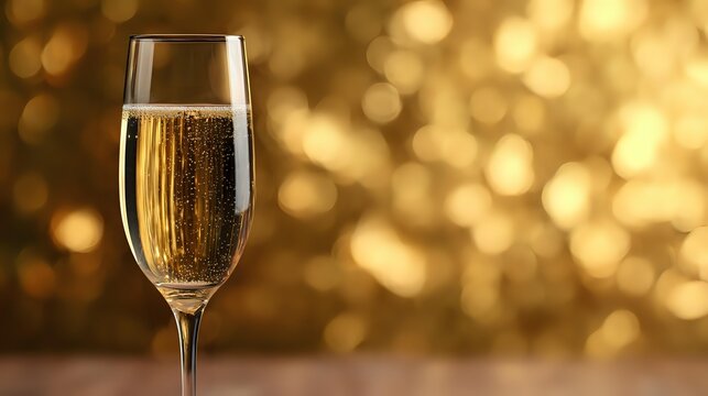Elegant champagne flute with sparkling wine against golden bokeh background, perfect for celebration themes and festive occasions. - Powered by Adobe