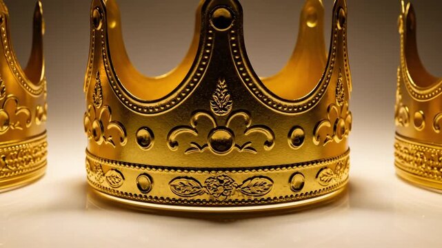 Three golden crowns in a row on reflective surface, symbolizing Epiphany, elegant traditional decoration