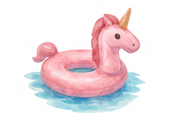 Pink unicorn pool float in watercolor style, floating on water. Summer relaxation and fantasy illustration