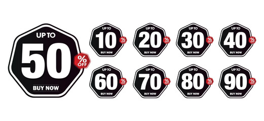 Collection of 10 black and white octagon vector badges offering discounts from 10% to 90% and "Up to 50% Off." Essential asset for monochrome advertising and sales promotions.