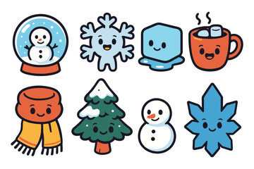 A collection of cute, hand-drawn winter themed characters with happy faces, including a snowman, snow globe, hot cocoa, and more.