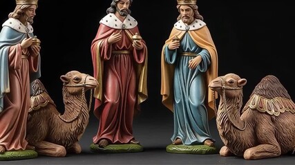 Three Wise Men figurines with camels, traditional Epiphany scene on black background