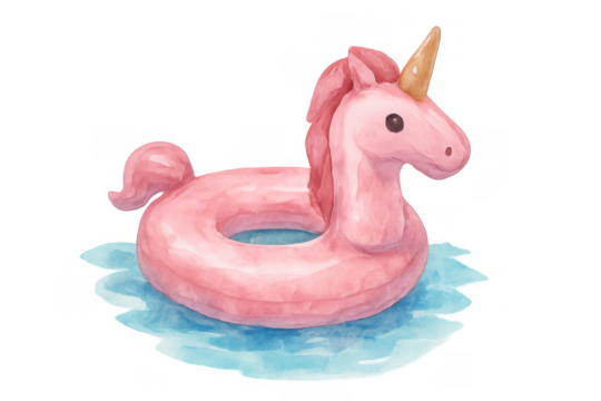 Pink unicorn pool float in watercolor style, floating on water. Summer relaxation and fantasy illustration