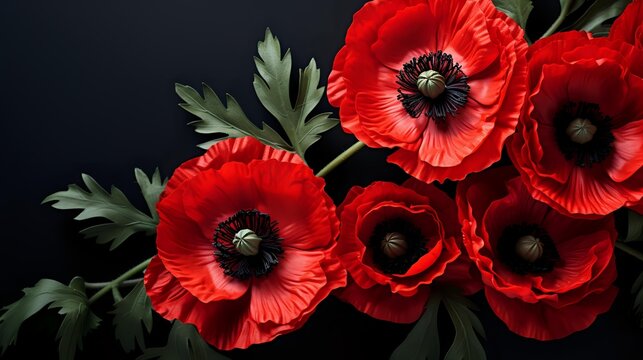 Vibrant red poppy flowers with dark centers and green leaves arranged against a black background, creating dramatic contrast for floral design.