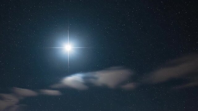 Bright celestial star shining vibrantly in night sky with wispy clouds, symbolizing epiphany and spiritual insight