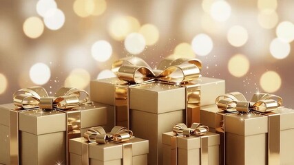 Golden gift boxes with shiny ribbons, festive bokeh background, representing Epiphany celebration joy and surprise - Powered by Adobe