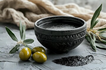 Rustic black ceramic bowl with olive oil, fresh green olives and olive branches on stone surface, natural linen fabric background.
