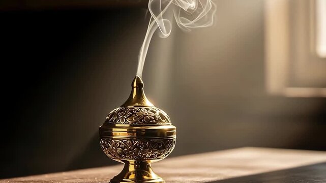 Golden ornate incense burner releasing smoke in warm natural light, peaceful and spiritual ambiance symbolizing epiphany and meditation