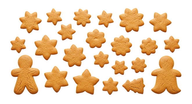 A festive collection of homemade gingerbread cookies in various holiday shapes like men, stars, and snowflakes, arranged as a pattern and isolated on a solid black background - Powered by Adobe