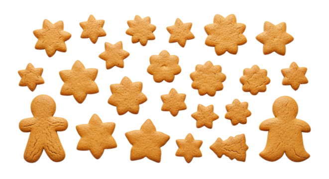 A festive collection of homemade gingerbread cookies in various holiday shapes like men, stars, and snowflakes, arranged as a pattern and isolated on a solid black background