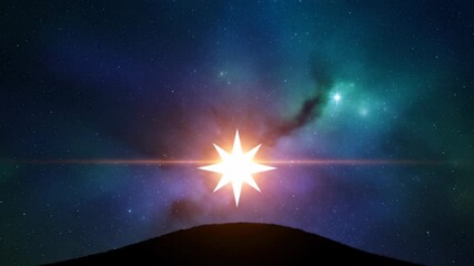 Bright Epiphany star shining over dark hill against cosmic night sky, representing hope and revelation - Powered by Adobe