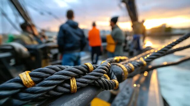 Close-up of wet ropes and tackle in sharp focus, faceless crew blurred in the background working together against a pastel sunrise, with copy space