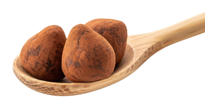 Three decadent chocolate truffles generously dusted with cocoa powder are elegantly presented on a rustic wooden spoon, isolated on a stark black background for a dramatic effect