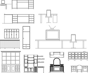 Vector elevation set of office, media, and storage furniture, including desks, cabinets, and TV consoles for interior design.