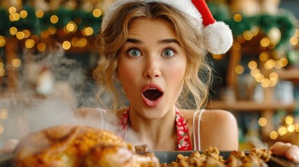 A young woman in a Santa hat stares in astonished delight at a steaming holiday turkey she’s holding. Golden Christmas lights sparkle behind her, creating a bright and festive kitchen mood