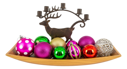 Vibrant holiday ornaments in various colors and textures fill a wooden tray, with a vintage deer-shaped candle holder positioned behind against a solid black background