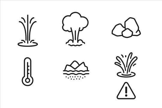 Explosive Geyser Icons. Line style icons of Explosive Geyser: Water Jet, Steam Cloud, Rocks, Mineral Deposit, Shockwave, Eruption