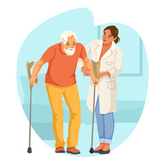 Elderly man walking with crutches aided by a female doctor, flat graphic style, indoor clinical background. Concept of rehabilitation help. Vector illustration