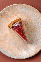 Strawberry cheesecake, a slice of sweet pie, a classic cheesecake dessert. Strawberry cheesecake